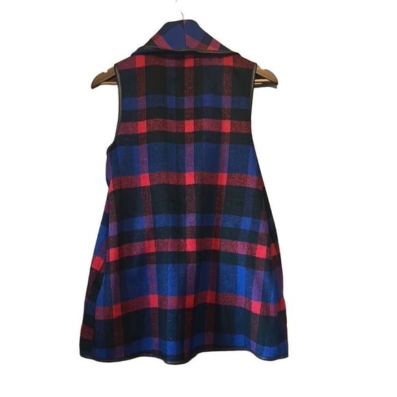 Hyfve‎ Plaid Vest Womens Medium Drape Front Faux Leather Trim Red Blue - Picture 5 of 5